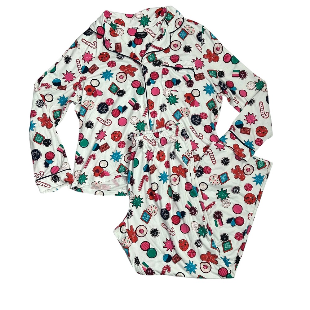 Kate‎ Spade Christmas Cookie Pajama Set XL White Gingerbread Candy Cane Print